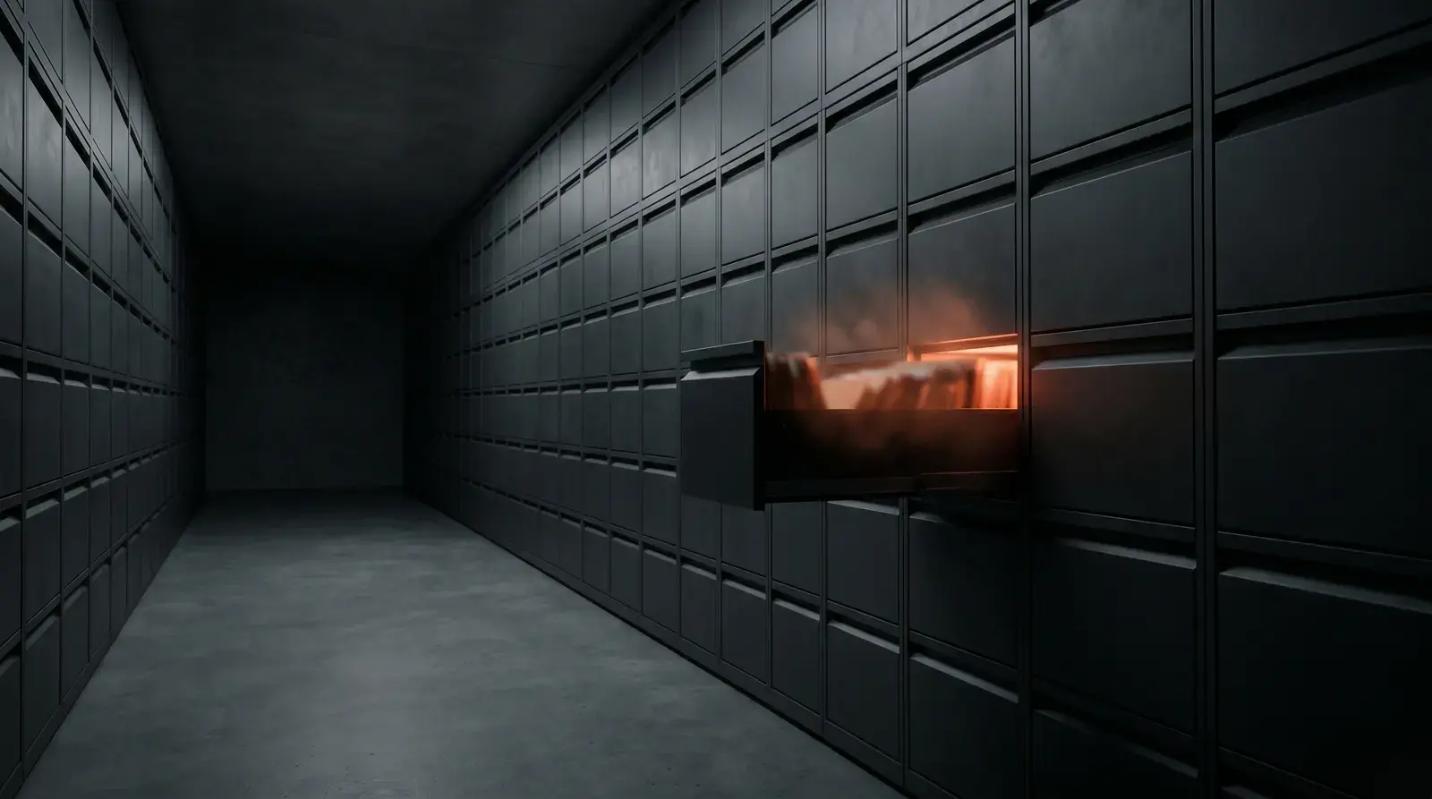 A dark records vault with a single archive drawer pulled open, glowing under inspection light